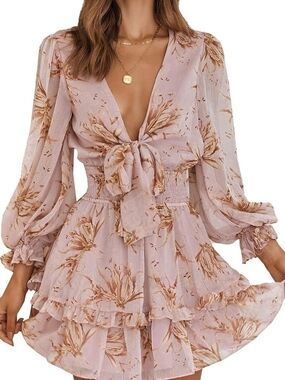 Women's Blush Floral Tie-Front Long Sleeve Mini Dress